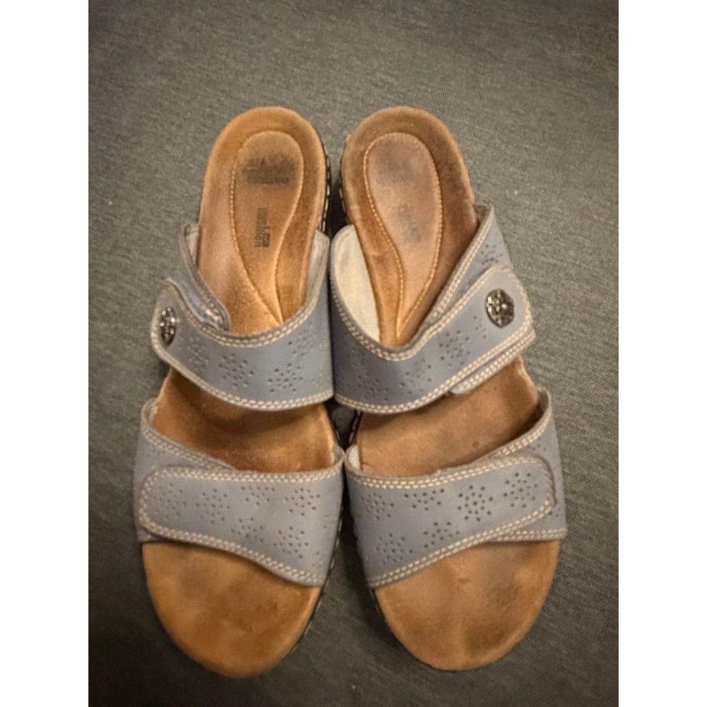 Clarks Leisa Vine Blue Leather Slide Sandals Adjustable Straps‎ Womens 10 M